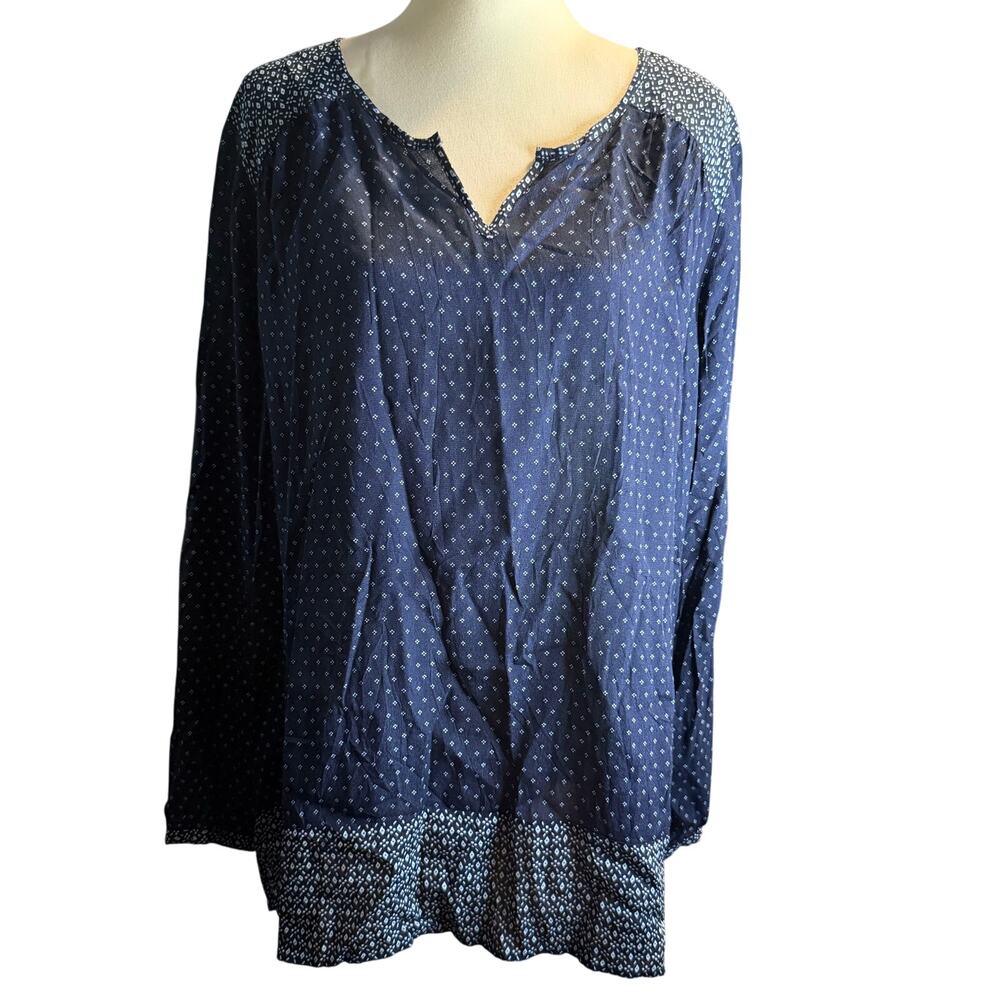 J. Jill Navy Blue Mixed Print Rayon Tunic Blouse, Boho, Women's Plus Size 2XL